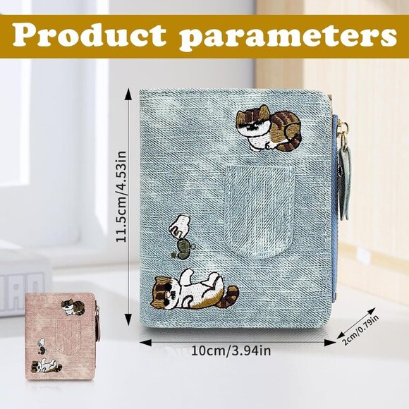 Womens Wallet, PU Leather Small Wallet Bi-fold Cute Wallet with Cat Embroidery, - Picture 6 of 6
